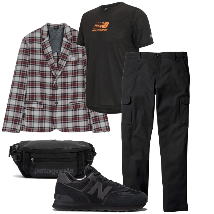 Outfit uomo - La giacca a quadri. Stile Trendy per Serata speciale. Abbinamento con pantaloni cargo, sneakers, t-shirt, giacche, borse sportive.