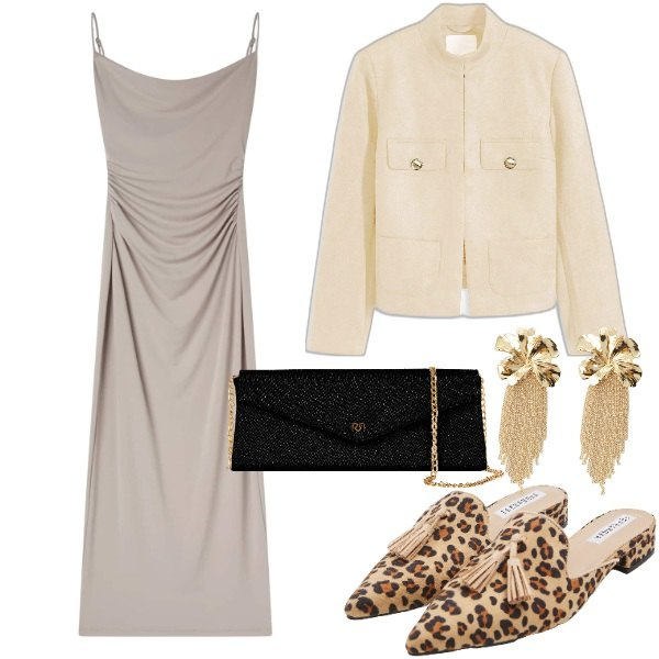 Outfit donna - Mule di primavera. Stile Trendy per Cerimonia. Abbinamento con blazer, vestiti lunghi, sabot, pochette, orecchini.