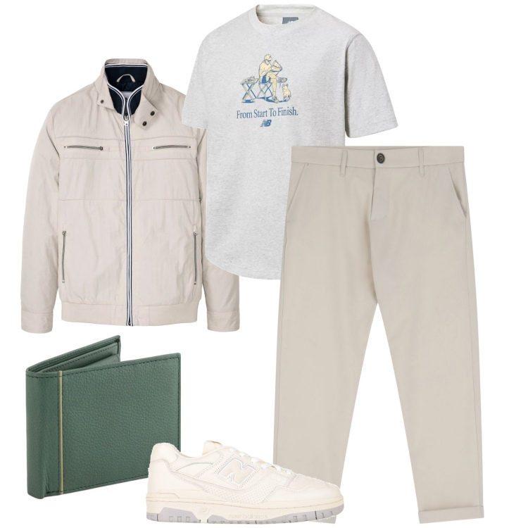 Outfit uomo - Toni chiari. Stile Urban per Tutti i giorni. Abbinamento con giacche, sneakers, t-shirt, pantaloni chino, portafogli.