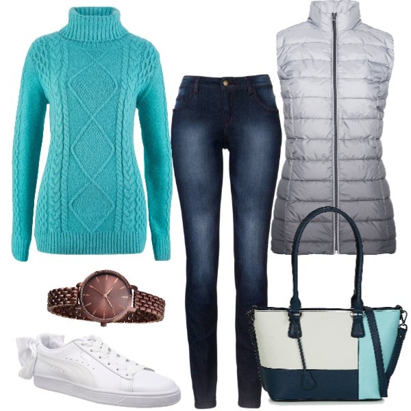 Outfit donna - Glam anche low cost. Stile Basic per Tutti i giorni. Abbinamento con jeans skinny, pullover collo alto verde e corda, gilet colletto dritto con zip grigio, orologio contrasto marrone, borsa blu, scarpe basket da ginnastica con lacci in pelle bianco.