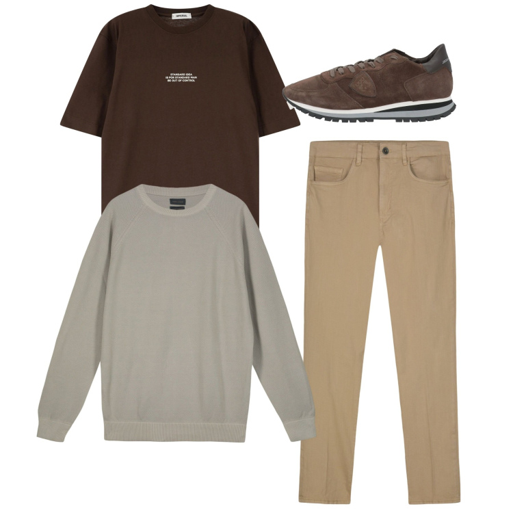 Outfit uomo - City. Stile Casual per Tutti i giorni. Abbinamento con sneakers, t-shirt, pantaloni, maglieria.