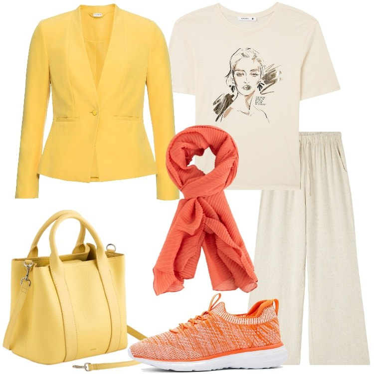 Outfit donna - Voglia di colore. Stile Trendy per Tutti i giorni. Abbinamento con blazer, sneakers, pantaloni, t-shirt, borse a mano, portafogli.
