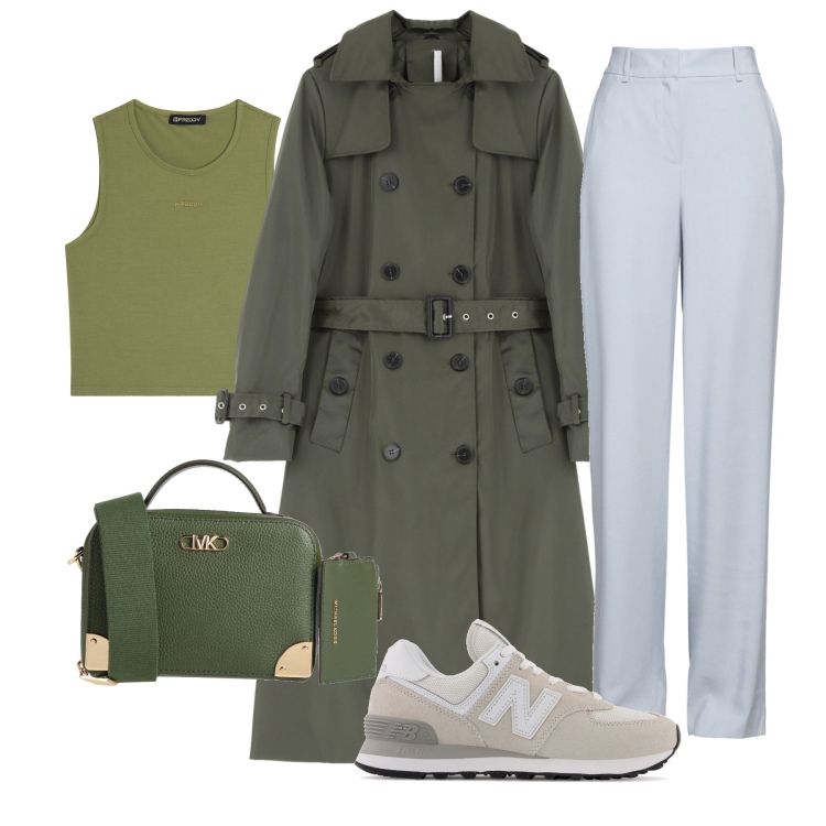 Outfit donna - Total look #2094049. Stile Trendy per Tutti i giorni. Abbinamento con pantaloni, borse a tracolla, sneakers, trench, top.
