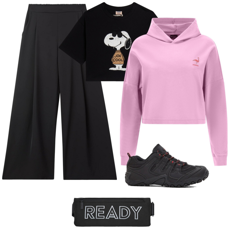Outfit donna - Nero e Rosa. Stile Sporty chic per Sport. Abbinamento con scarpe sportive, borse sportive, pantaloni, felpe con cappuccio, t-shirt.