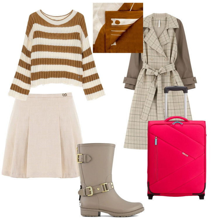 Outfit donna - Si parte con la pioggia. per Tutti i giorni. Abbinamento con sciarpe, gonne, maglieria, trench, stivali, valigie.