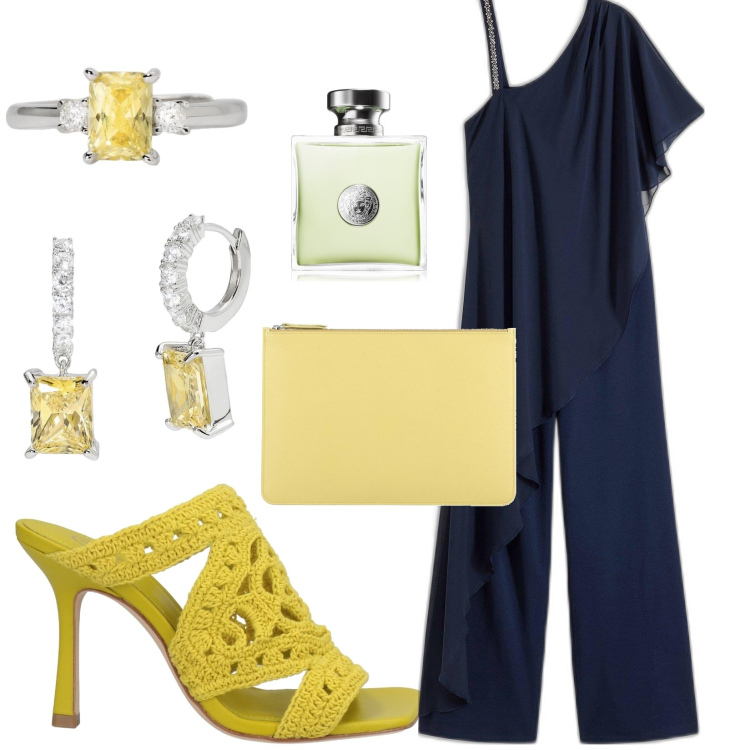 Outfit donna - Serata d\'estate. Stile Chic per Serata fuori. Abbinamento con tute, sandali in pelle, pochette, profumi, orecchini, anelli.