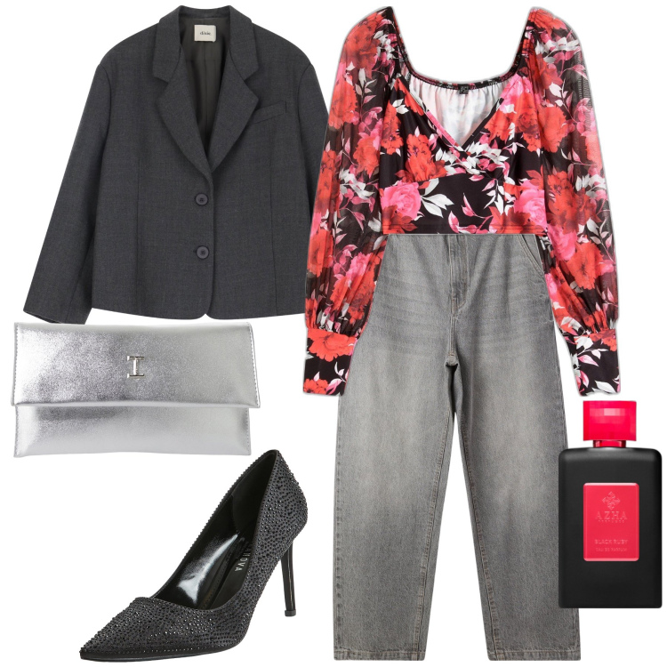 Outfit donna - Blazer e jeans per l aperitivo. Stile Glamour per Serata fuori. Abbinamento con bluse, profumi, jeans, décolleté, pochette, blazer.