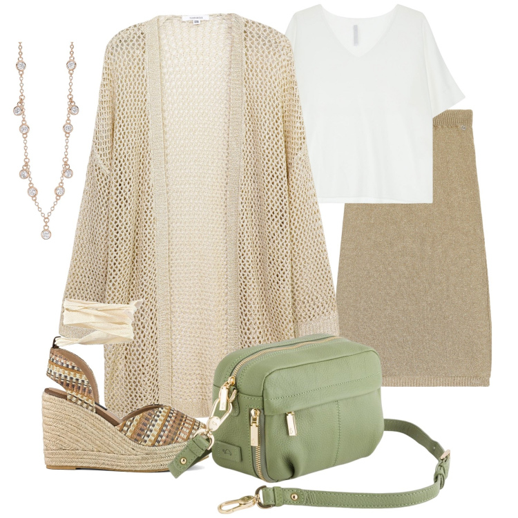 Outfit donna - Sabbia. Stile Etnico per Tutti i giorni. Abbinamento con kimono, collane, gonne longuette, maglieria, zeppe, borse a tracolla.