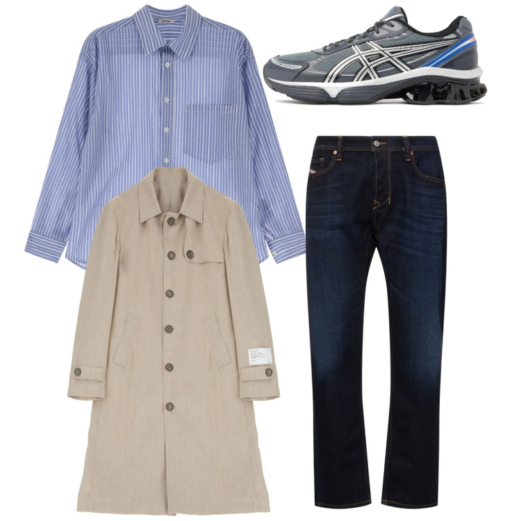 Outfit uomo - City. Stile Casual per Tutti i giorni. Abbinamento con trench, camicie, sneakers, jeans dritti.