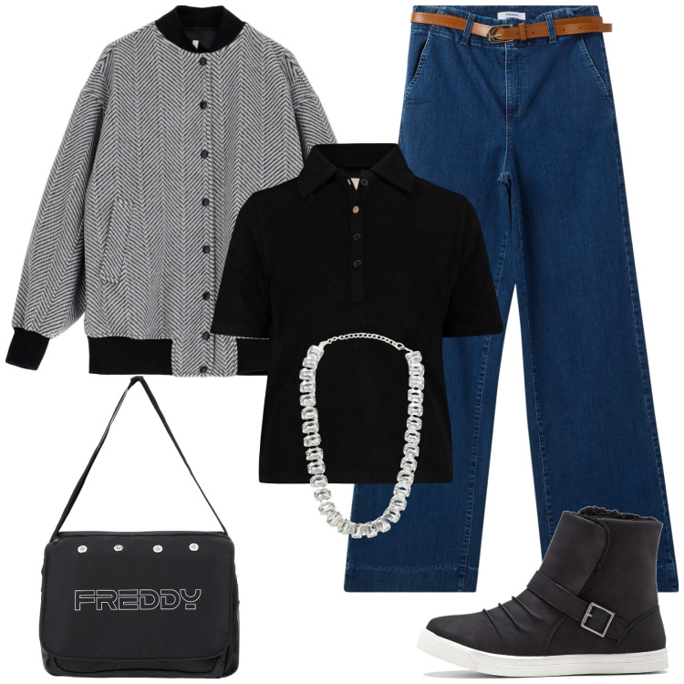 Outfit donna - Tempo libero. Stile Casual per Tutti i giorni. Abbinamento con stivaletti, collane, jeans, bomber, borse messenger, polo.