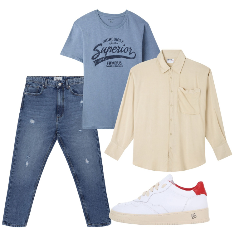 Outfit uomo - City. Stile Casual per Tutti i giorni. Abbinamento con camicie, jeans strappati, t-shirt, sneakers.