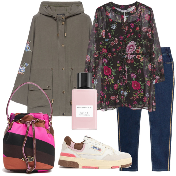 Outfit donna - Banana republic. Stile Casual per Tutti i giorni. Abbinamento con profumi, camicie, jeggings, parka, sneakers, borse a secchiello.
