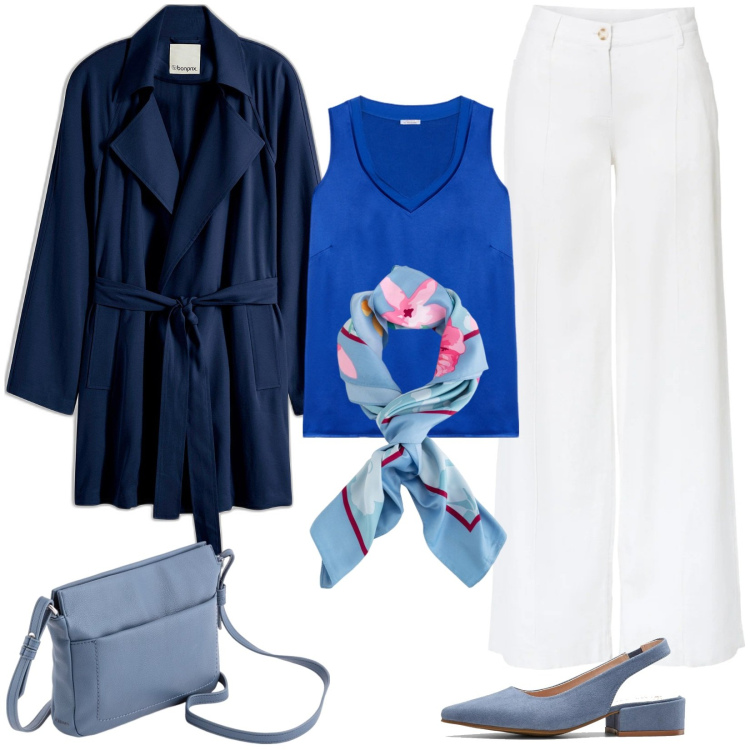 Outfit donna - Il trench blu. Stile Casual chic per Tutti i giorni. Abbinamento con pantaloni a palazzo, décolleté, trench, top, borse a tracolla, foulard.
