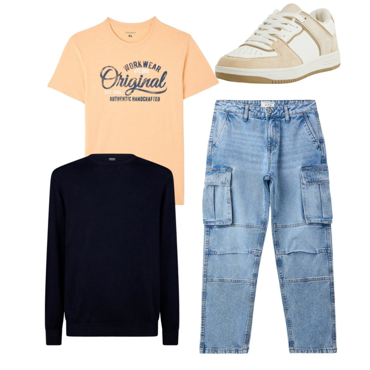 Outfit uomo - City. Stile Casual per Tutti i giorni. Abbinamento con t-shirt, sneakers, jeans, maglieria.