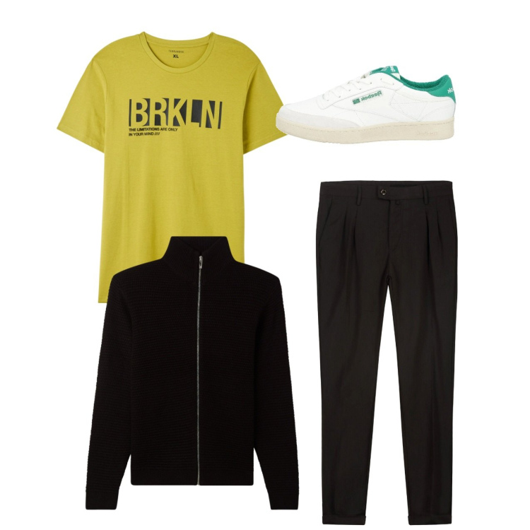 Outfit uomo - City. Stile Casual per Tutti i giorni. Abbinamento con sneakers, cardigans, t-shirt, pantaloni.