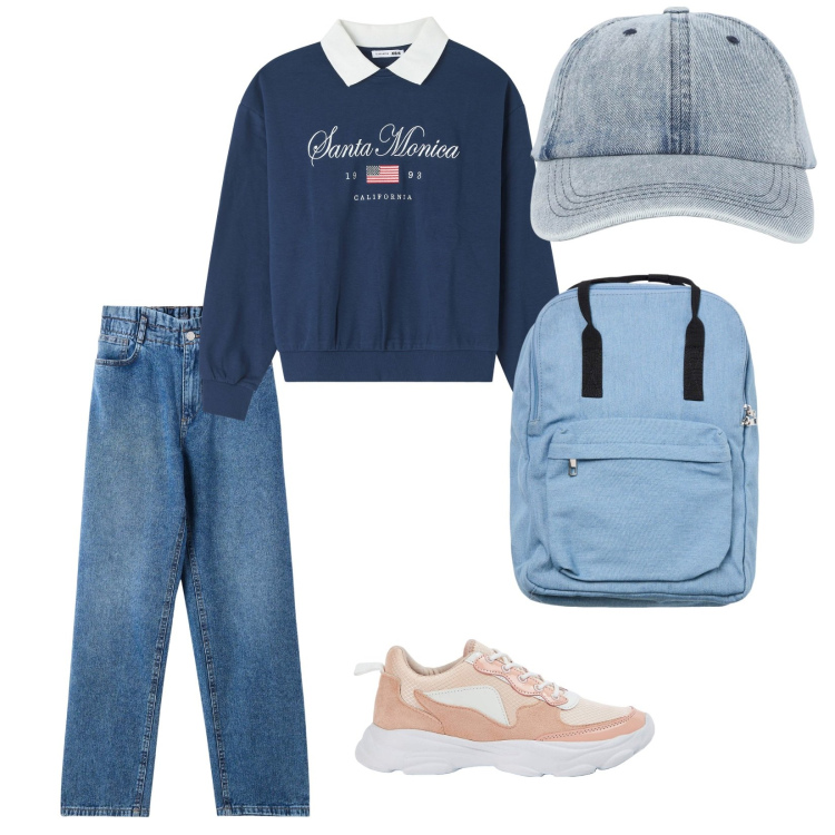 Outfit donna - Porto il cane a spasso. per Tutti i giorni. Abbinamento con cappelli con visiera, sneakers, felpe, zaini, jeans.