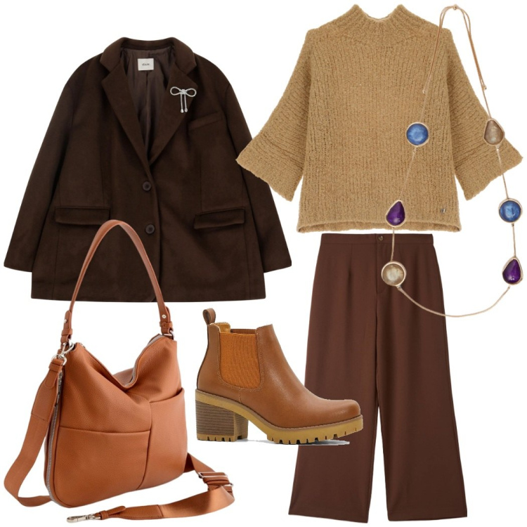 Outfit donna - Color cioccolato in ufficio. Stile Casual chic per Ufficio. Abbinamento con stivaletti chelsea, pantaloni, blazer, maglieria, collane, borse a tracolla.