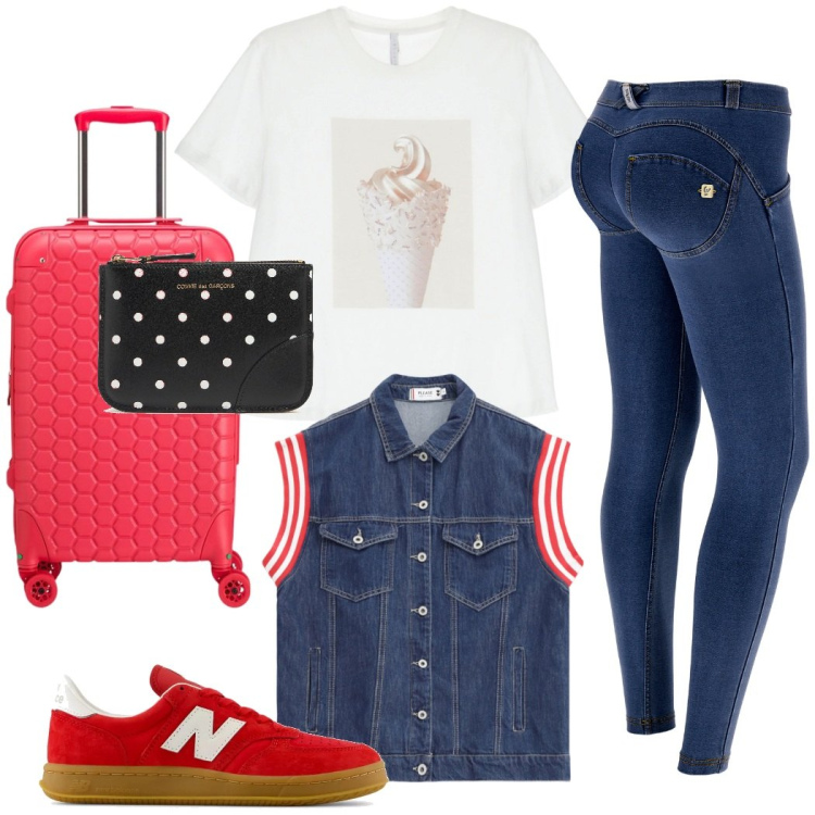 Outfit donna - In viaggio. Stile Casual chic per Tutti i giorni. Abbinamento con sneakers, gilet, t-shirt, jeggings, portafogli, valigie.