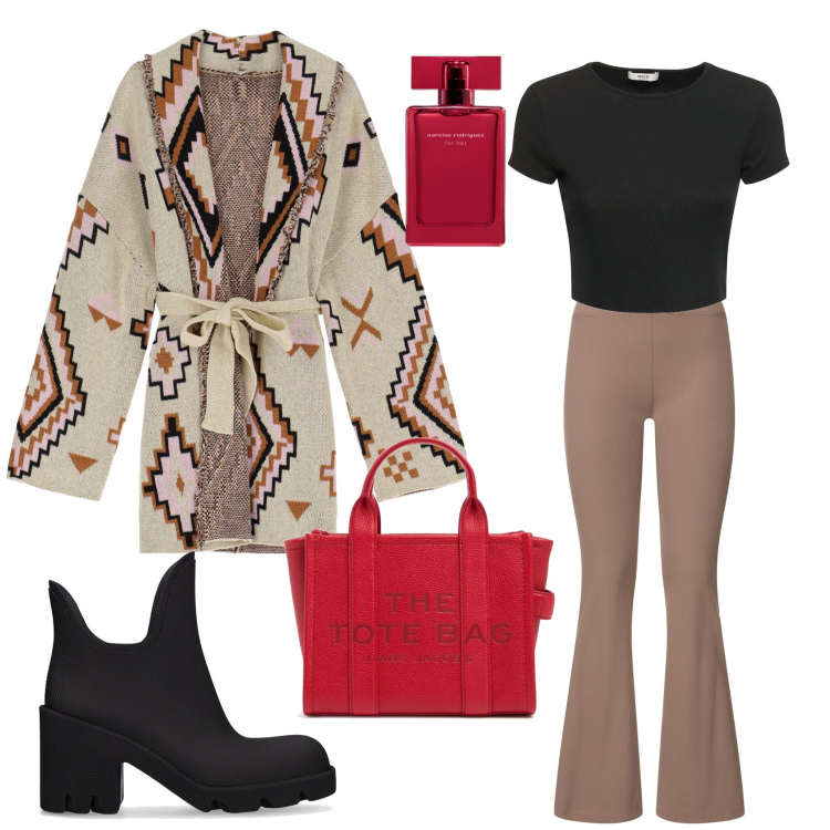 Outfit donna - Chic Quotidiano. Stile Casual chic per Tutti i giorni. Abbinamento con profumi, cardigans, shopping bag, t-shirt, pantaloni, stivaletti.