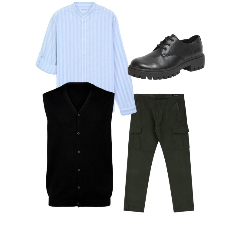 Outfit uomo - City. Stile Casual per Tutti i giorni. Abbinamento con camicie, scarpe stringate, pantaloni cargo, gilet.