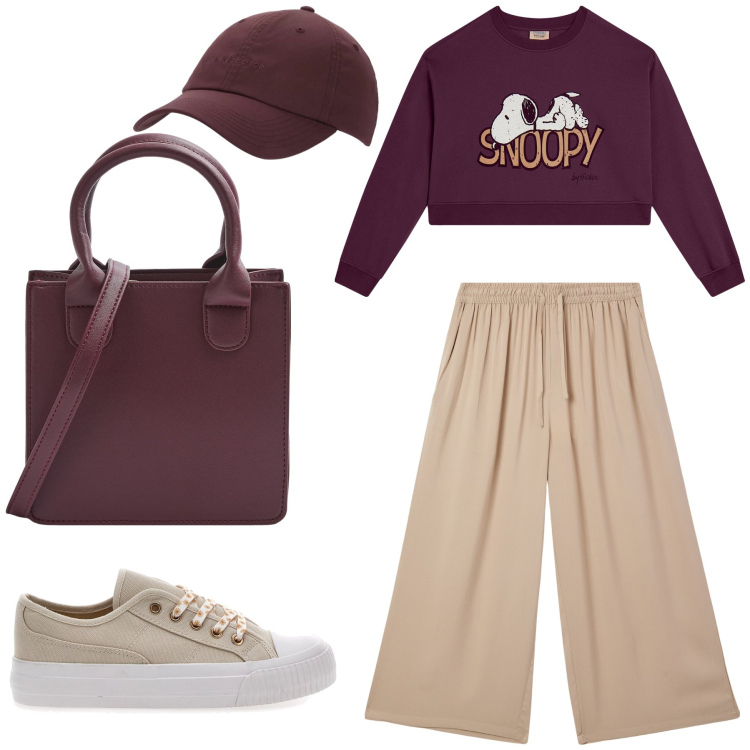Outfit donna - Sfumature di Primavera. Stile Sporty chic per Tutti i giorni. Abbinamento con shopping bag, pantaloni a palazzo, cappelli, felpe, sneakers.