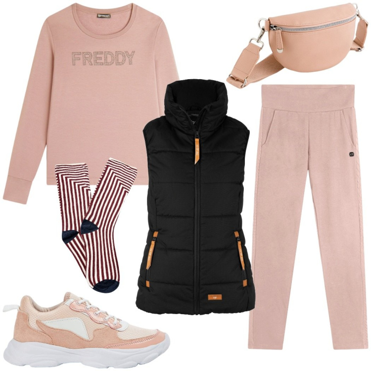 Outfit donna - Giornata libera. Stile Sporty chic per Tutti i giorni. Abbinamento con piumini, sneakers, pantaloni, felpe, marsupi, calzini.