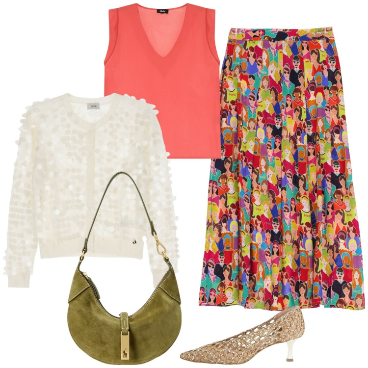 Outfit donna - I colori di Siviglia. Stile Etnico per Serata fuori. Abbinamento con cardigans, décolleté, top, gonne lunghe, borse a spalla.