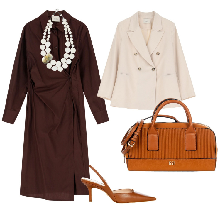 Outfit donna - Eleganza a lavoro. per Ufficio. Abbinamento con ciondoli, décolleté, borse a mano, blazer, vestiti chemisier.