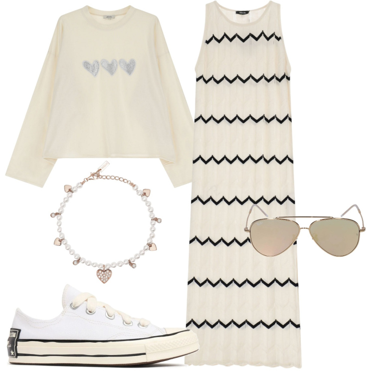 Outfit donna - Serata con le amiche. Stile Casual chic per Serata fuori. Abbinamento con braccialetti, felpe, vestiti lunghi, sneakers, occhiali da sole.