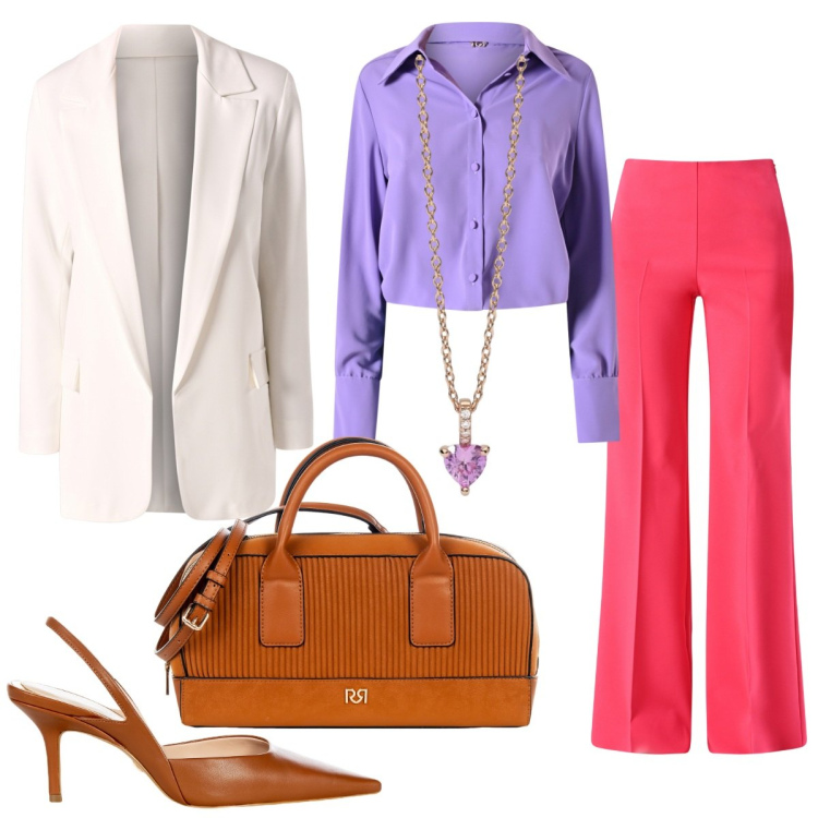 Outfit donna - Aria di Primavera. Stile Romantica per Tutti i giorni. Abbinamento con pantaloni a palazzo, borse a mano, camicie, décolleté, blazer, ciondoli.