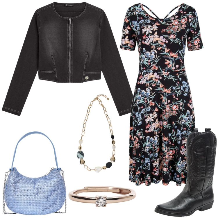 Outfit donna - Jeans e fiori. Stile Boho per Tutti i giorni. Abbinamento con vestiti midi/longuette, stivali, borse a spalla, anelli, blazer, collane.