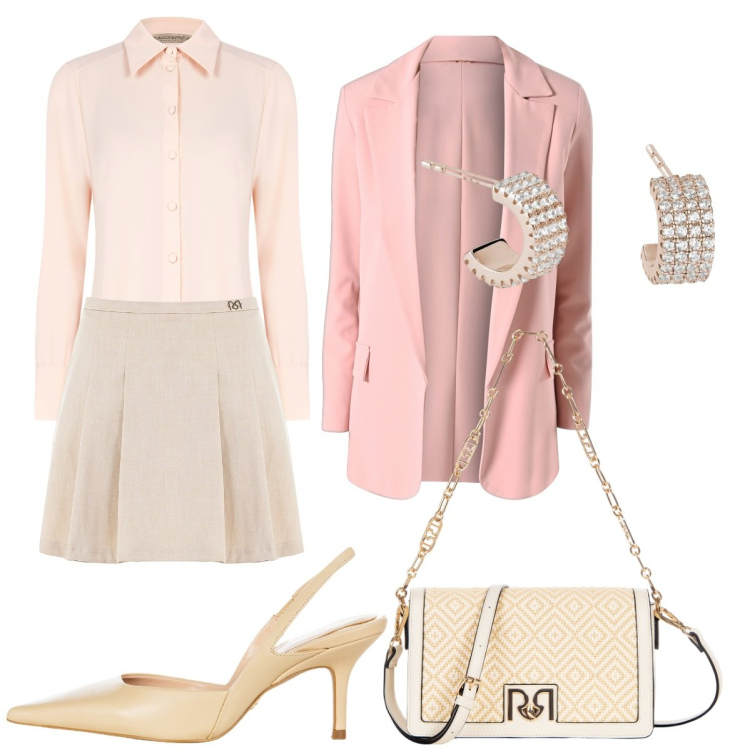 Outfit donna - Colori tenui. Stile Chic per Tutti i giorni. Abbinamento con orecchini, camicie, minigonne, décolleté, borse a tracolla, blazer.