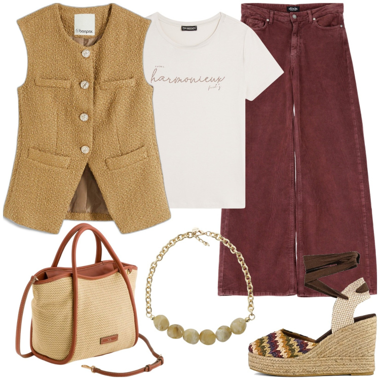 Outfit donna - City Life. Stile Casual per Tutti i giorni. Abbinamento con gilet, t-shirt, jeans, collane, sandali col tacco, borse a mano.