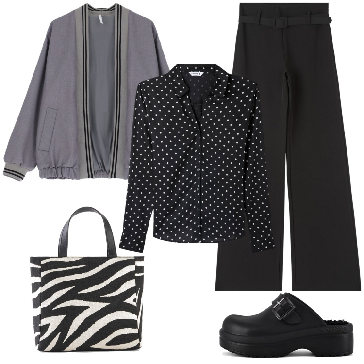 Outfit donna - Una zebra a pois. Stile Casual per Tutti i giorni. Abbinamento con borse a mano, pantaloni, camicie, bomber, sandali.