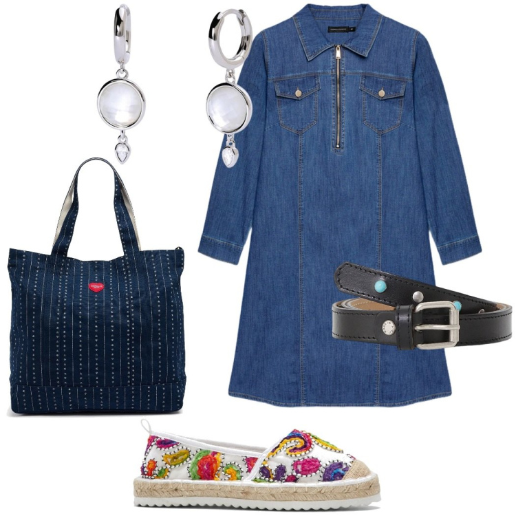 Outfit donna - Pomeriggio di shopping. Stile Casual chic per Tutti i giorni. Abbinamento con espadrillas, orecchini, cinture, vestiti midi/longuette, borse tote.