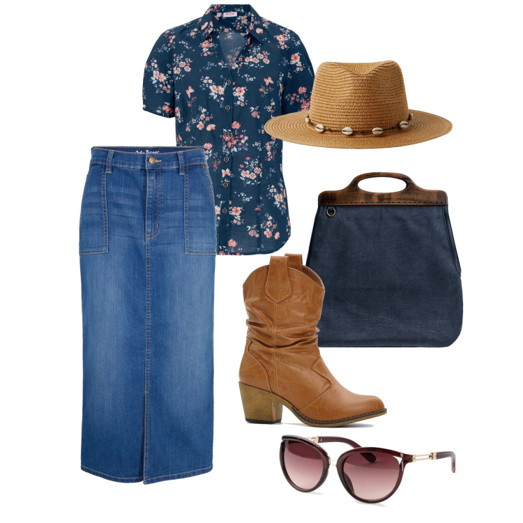 Outfit donna - Midi in jeans e texani. Stile Boho per Tutti i giorni. Abbinamento con gonne, stivaletti texani, occhiali da sole, camicie a manica corta, cappelli, borse a tracolla.