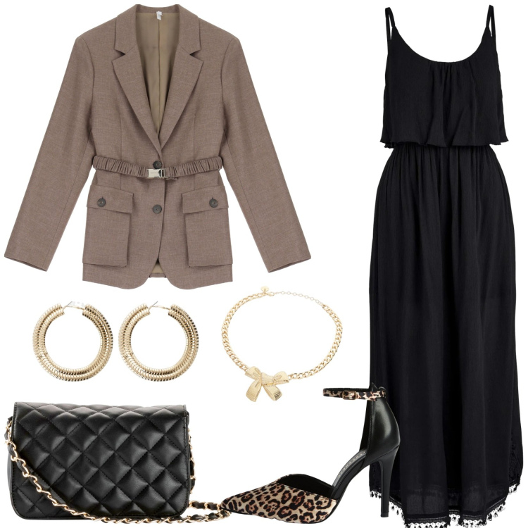 Outfit donna - Evento. Stile Chic per Serata fuori. Abbinamento con vestiti midi/longuette, borse a tracolla, décolleté, blazer, collane, orecchini.