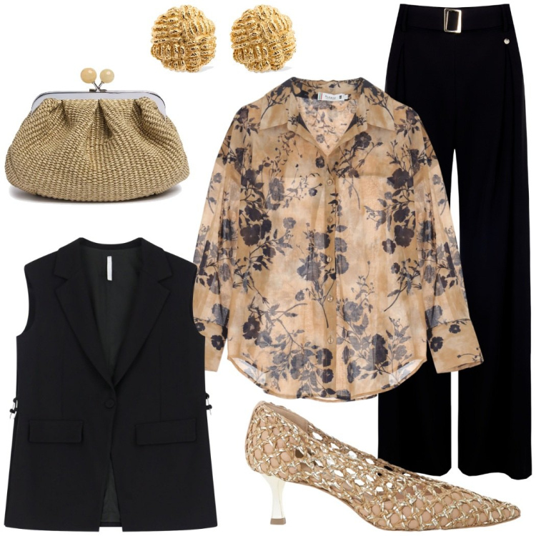 Outfit donna - Cena elegante. Stile Chic per Serata fuori. Abbinamento con gilet, décolleté, pantaloni, camicie, pochette, orecchini.