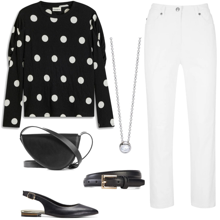 Outfit donna - Maxi pois. Stile Casual chic per Tutti i giorni. Abbinamento con maglieria, ballerine, cinture, pantaloni, borse a tracolla, collane.