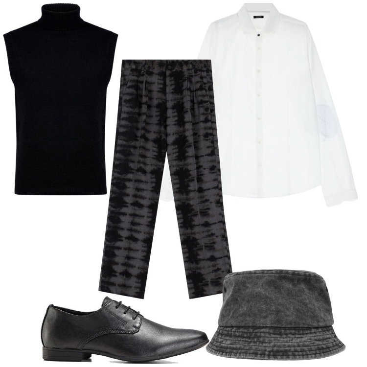 Outfit uomo - Total look #2094175. Stile Trendy per Tutti i giorni. Abbinamento con scarpe stringate, cappelli, pantaloni, camicie, gilet.