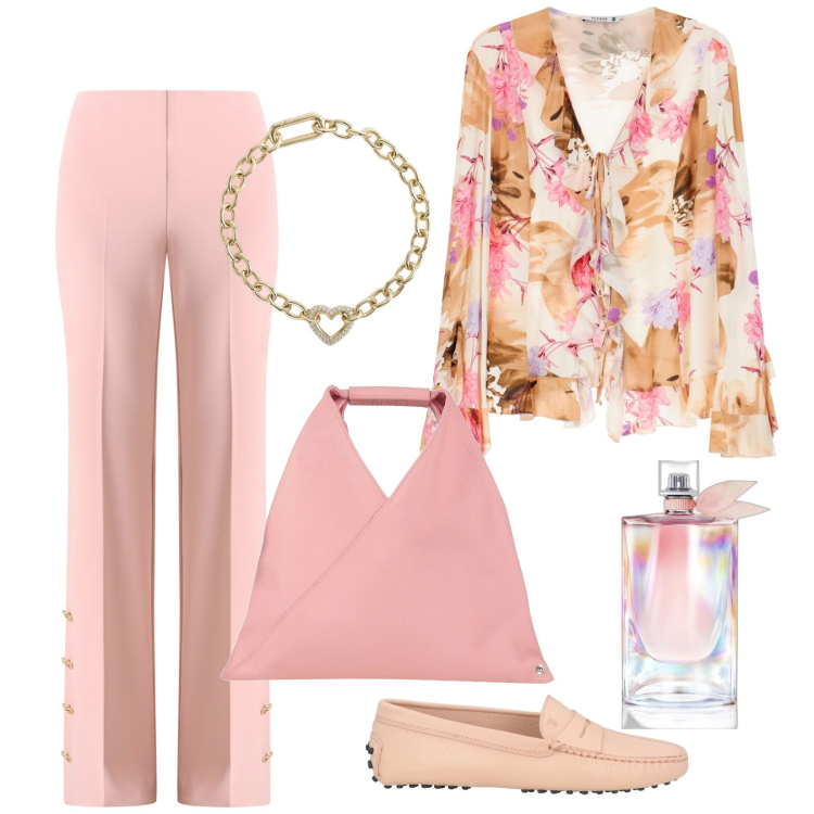 Outfit donna - Toni delicati. Stile Casual chic per Tutti i giorni. Abbinamento con borse a mano, mocassini, pantaloni a palazzo, profumi, camicie, braccialetti.