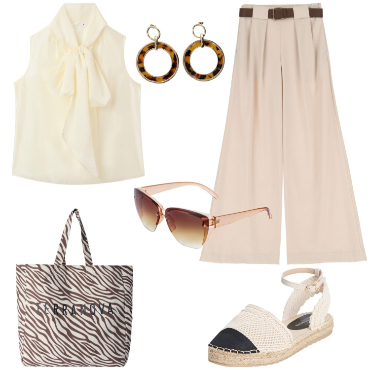 Outfit donna - Città di mare. Stile Casual chic per Tutti i giorni. Abbinamento con occhiali da sole, bluse, borse tote, espadrillas, orecchini, pantaloni a palazzo.
