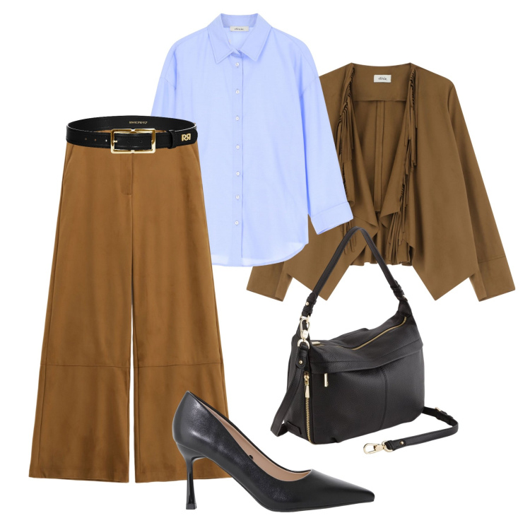 Outfit donna - Primavera effetto suede. Stile Casual chic per Ufficio. Abbinamento con cinture, décolleté, pantaloni a palazzo, camicie, blazer, borse a tracolla.