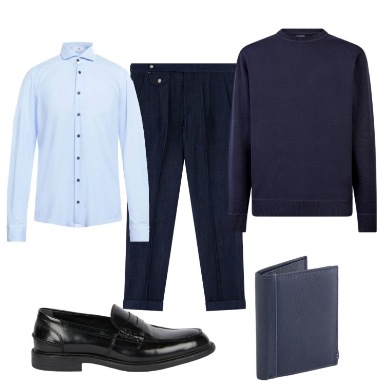 Outfit uomo - Total look #2094191. Stile Business/Elegante per Ufficio. Abbinamento con camicie, jeans, maglieria, scarpe stringate, portafogli.