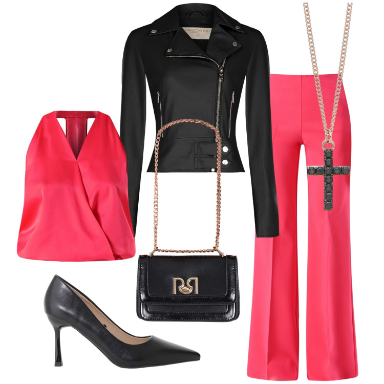 Outfit donna - Passeggiamo in città. Stile Trendy per Tutti i giorni. Abbinamento con collane, top, giacche, pantaloni a palazzo, borse a tracolla, décolleté.
