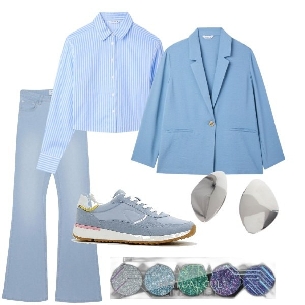 Outfit donna - A spasso per la città. Stile Casual chic per Tutti i giorni. Abbinamento con sneakers, ombretti, camicie, blazer, jeans a zampa, orecchini.