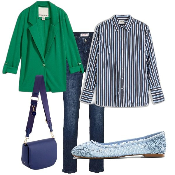Outfit donna - A spasso per la città. Stile Casual chic per Tutti i giorni. Abbinamento con jeans skinny, ballerine, camicie, blazer, borse a tracolla.