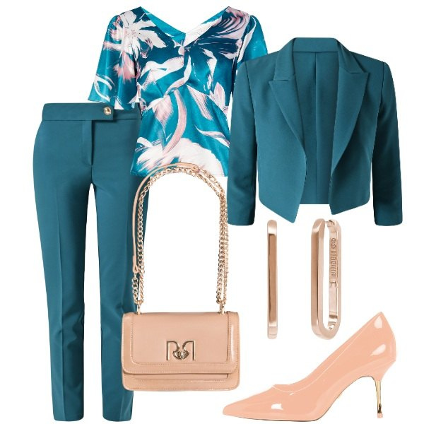 Outfit donna - Cerimonia tra intimi. Stile Glamour per Serata fuori. Abbinamento con orecchini, pantaloni, bluse, blazer, décolleté, borse a tracolla.