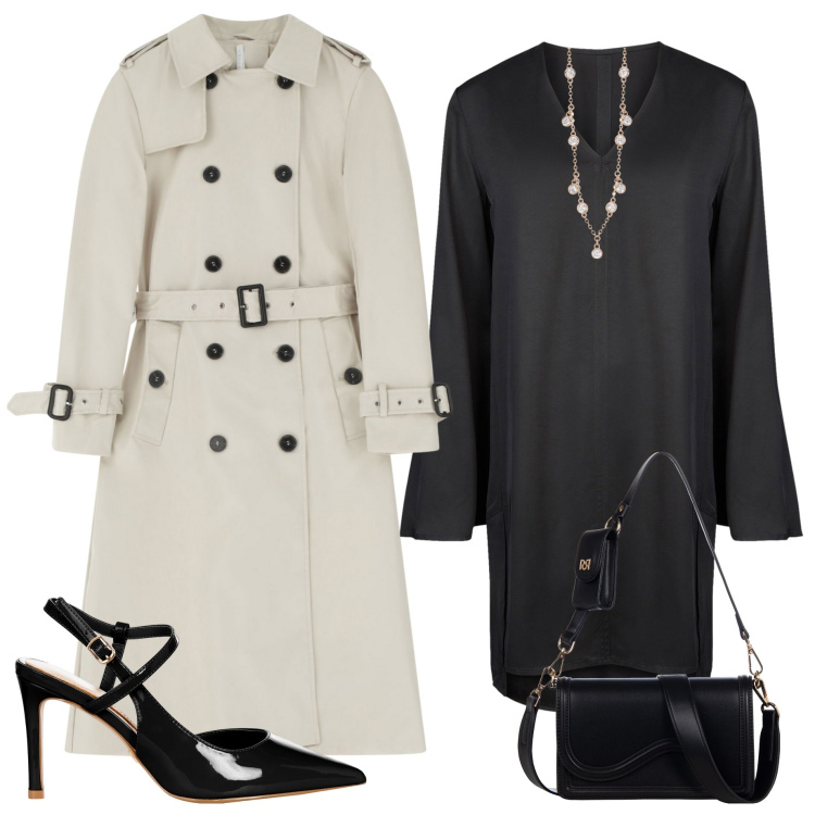 Outfit donna - Serata fuori. Stile Chic per Serata fuori. Abbinamento con collane, pochette, décolleté, trench, vestiti a tubino.