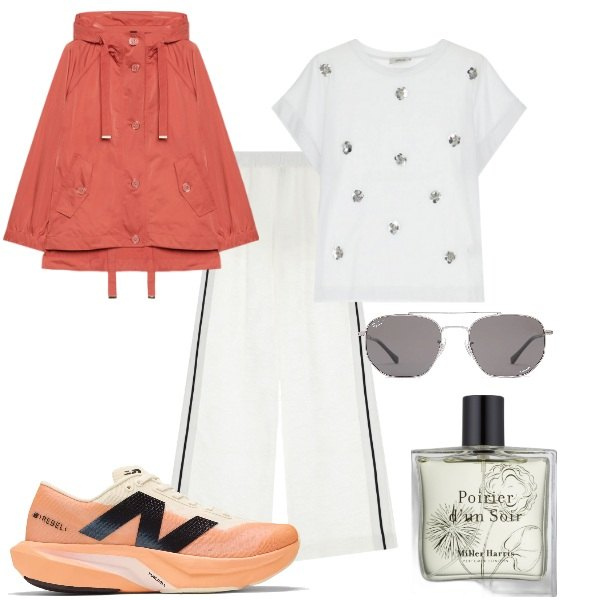 Outfit donna - Aspettando la primavera. Stile Casual chic per Tutti i giorni. Abbinamento con profumi, sneakers, pantaloni a palazzo, t-shirt, parka, occhiali da sole.